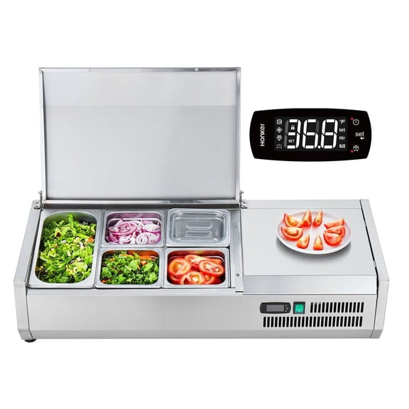 Refrigerated Condiment Prep Station, 130W Countertop Sandwich Prep Table, 1/3 & 1/6 Pans, 304 Stainless Steel, PC Lids, Digital Temp Control, ETL Listed