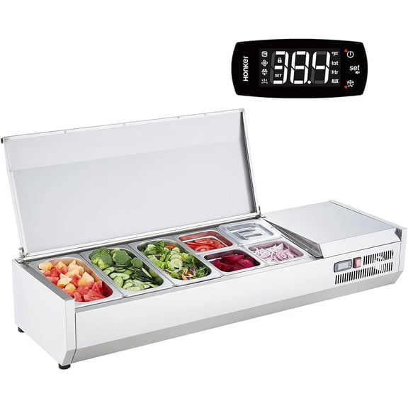 Refrigerated Condiment Prep Station – 140W Countertop Commercial Condiment Cooler with 3-1/3 & 4-1/6 Pans, 304 Stainless Steel Body, PC Lids, Stainless Steel Hinged Guard – ETL Certified – Silver