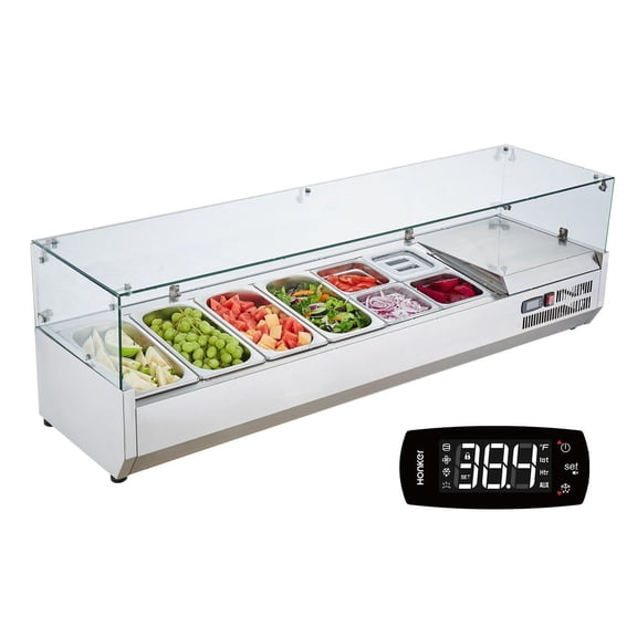 Refrigerated Condiment Prep Station 150W, Countertop Sandwich Prep Table with 4 1/3 & 4 1/6 Pans, 304 Stainless Steel, PC Lid, Glass Guard, ETL Certified