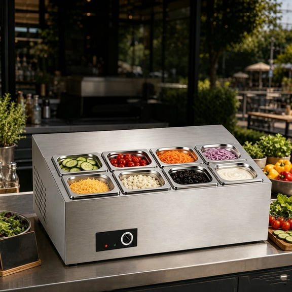 Refrigerated Condiment Prep Station, Countertop Topping Refrigerator, 8 Removable 1/6 Pans, Durable 201 Steel, 280W Consistent Cooling, 7-Position Temp Control for Burgers & Pizza Parlors