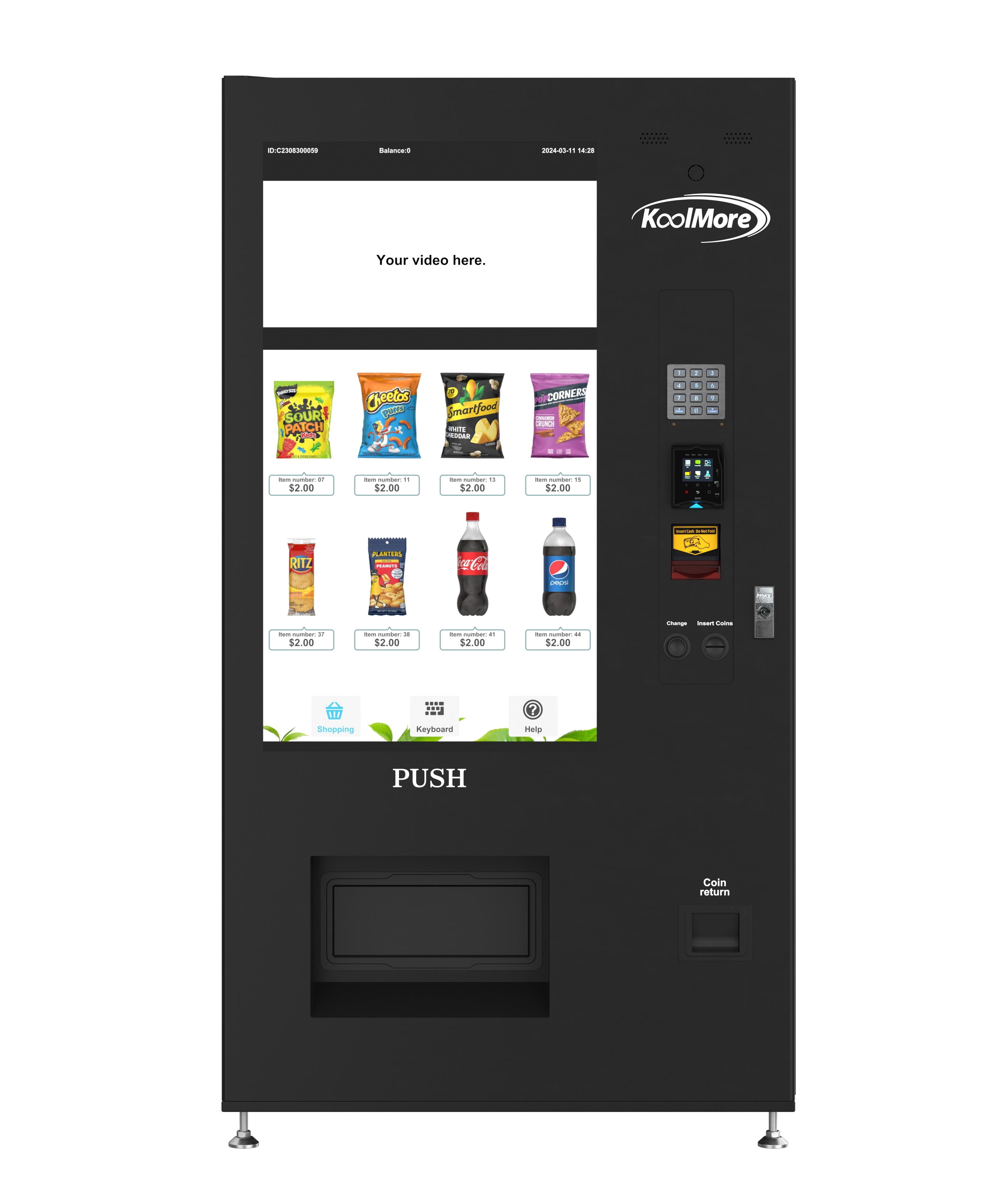 Refrigerated Snack Vending Machine In Black With 48 Slots Featuring Ample 49 Inch Touch Display, Bill Acceptor, Credit Card Reader, Wifi and 4G Connectivity