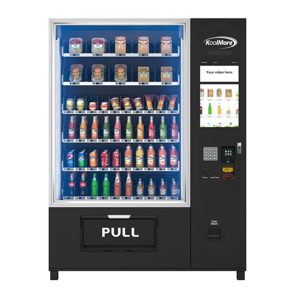 Refrigerated Snack Vending Machine In Black With 66 Slots and 21.5 Inch Touch Display Featuring Elevator-Lift Dispensing System,Bill Acceptor, Credit Card Reader, Wifi and 4G Connectivity