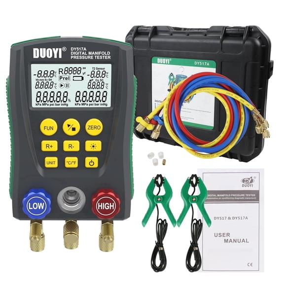 DUOYI DY517A Digital HVAC Manifold Gauge Kit, Vacuum Pressure Temperature Tester, 89 Refrigerants R123 R134A