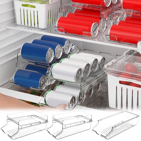 Refrigerator Beverage Organizer, Double Layer Can Storage Rack with Pull-Out Drawer, Food Grade PET Material for Safe Drink Keeping, Stackable Kitchen Fridge Organizer to Maximize Space