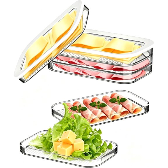 Refrigerator Deli Meat Keeper with Sealed Lid Transparent Container for Luncheon Meat & Cold Cuts (Ham, Cheese, etc.) 3-Tier Stackable Design Single Pack