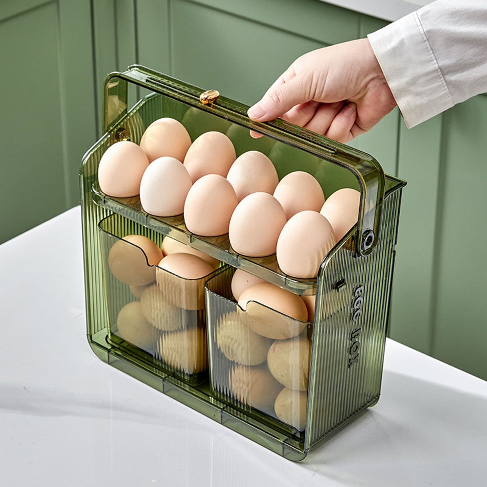 Refrigerator Door Egg Container,Multi Layer Egg Holder Rack,With Handle Storage Organizer,Stackable Anti Break Egg Tray,Fridge Countertop Organizer Box,Space Saving Fresh Keeper