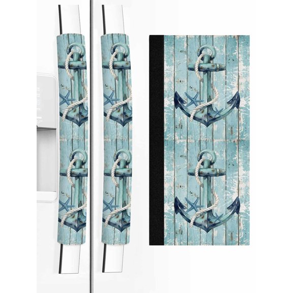 Refrigerator Door Handle Covers Set of 2 Starfish Nautical Anchor Refrigerator Handle Covers Non Slip Kitchen Appliance Rustic Teal Blue Wood Grain Handle Covers for Refrigerator and Oven Protector