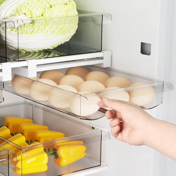 Refrigerator Egg Drawer, Clear Pull-Out Egg Storage Organizer with Handle, Stackable Fruit Vegetable Fresh-Keeping Bin, Kitchen Shelf Holder