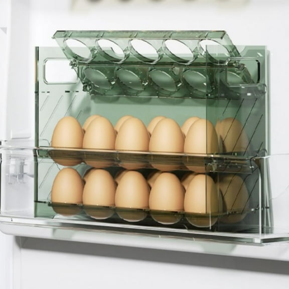 Refrigerator Egg Organizer | 3-Layer Flip Design | Fits 30 Eggs | Reversible Transparent Acrylic Storage Tray | Space-Saving Side Door Container | Green | 10.04x7.68x3.94in | Easy Carry Handles