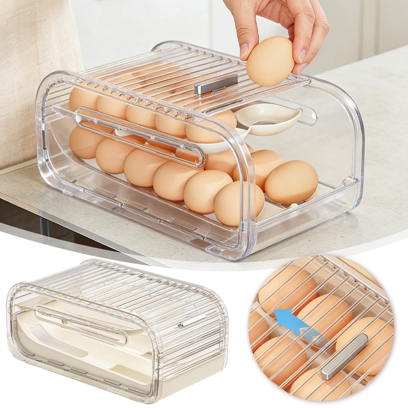 Refrigerator Egg Storage Rack Organizer - Automatic Rolling Rotating Egg Holder, Space Saving Expandable Kitchen Fridge Shelf for Eggs & Food Containers