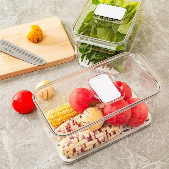 Refrigerator Food Storage Containers, Lettuce Keeper Large Produce Saver Stackable Container with Lids & Removable Drain Tray, Clear Veggie Fruit Salad Lettuce Container -2 Pack