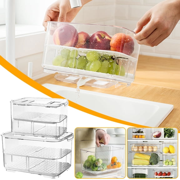 Refrigerator Food Storage Containers, Vented Produce Storage Bins with Drain and Foldable Dividers for Fridge Organization