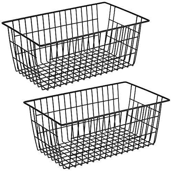 Refrigerator Freezer Organizer Wire Storage Basket, Farmhouse Food Wire Bins Container with Handles for Kitchen, Pantry, Freezer, Cabinet, Car, Bathroom Black 4 Pack