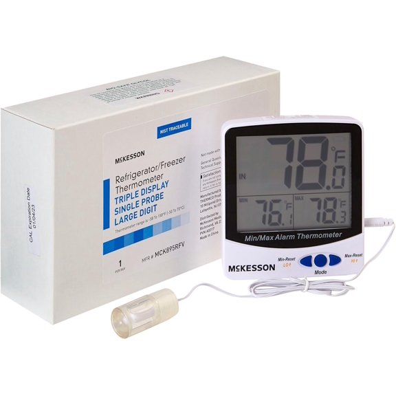 Refrigerator/Freezer Thermometer with Triple Display, Single Probe, Large Digits for Medical Laboratory, Food Safety Use, 1 Count