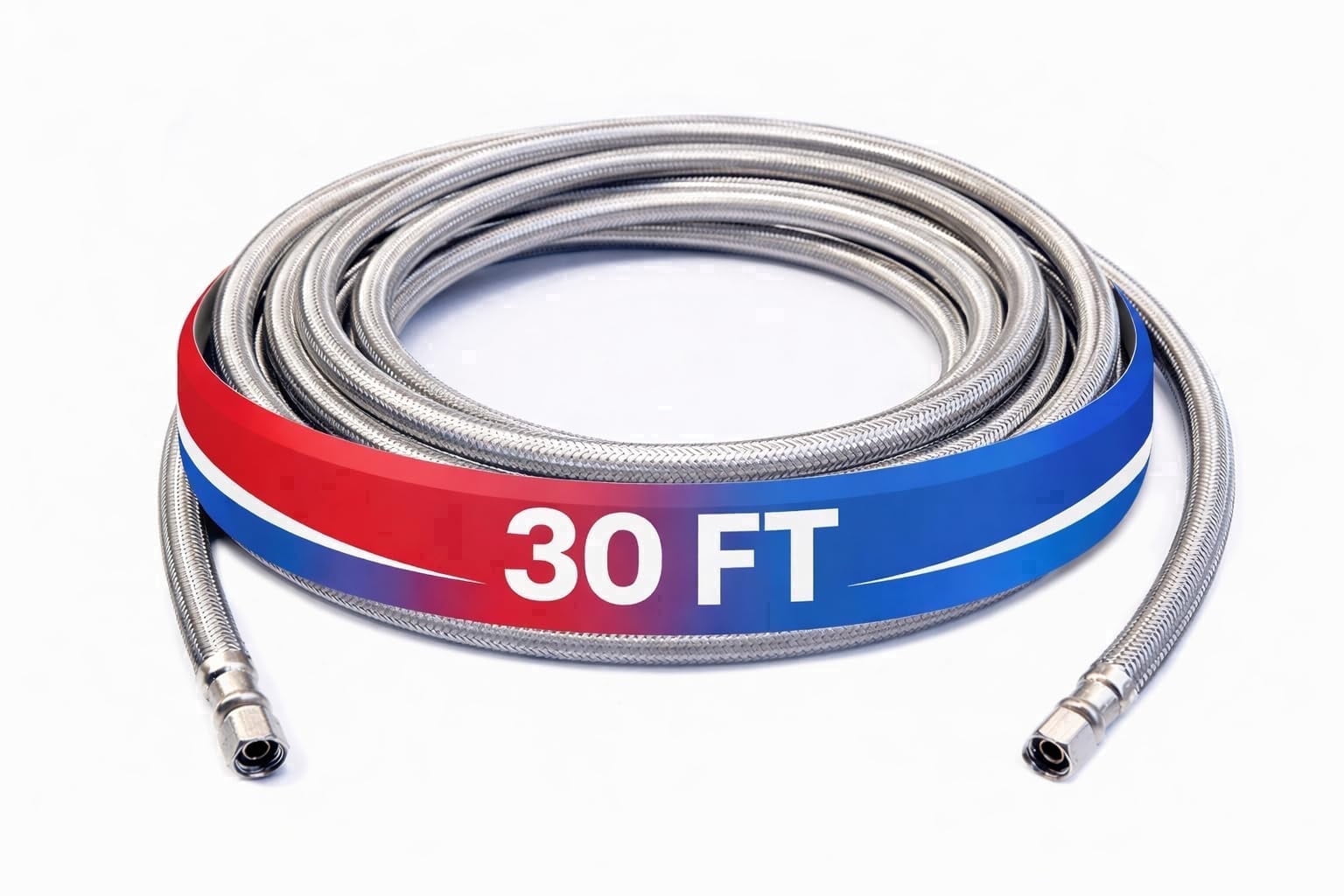 LONG Refrigerator Hose (30 FT) - Universal Fit to ALL Refrigerator Brands - Icemaker Water Supply Line - ¼” x ¼” Connections - Stainless Steel Refrigerator Hose for Ice & Water
