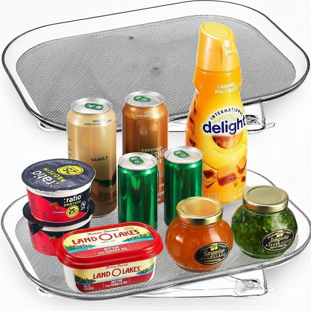 Refrigerator Lazy Susan (2PK) - Clear Rectangular Fridge Organizer - Turntable Tray Lazy Susan for Refrigerator - Cabinet & Pantry Organizer - Smooth 360° Rotating Swivel Spinning Fridge Shelf