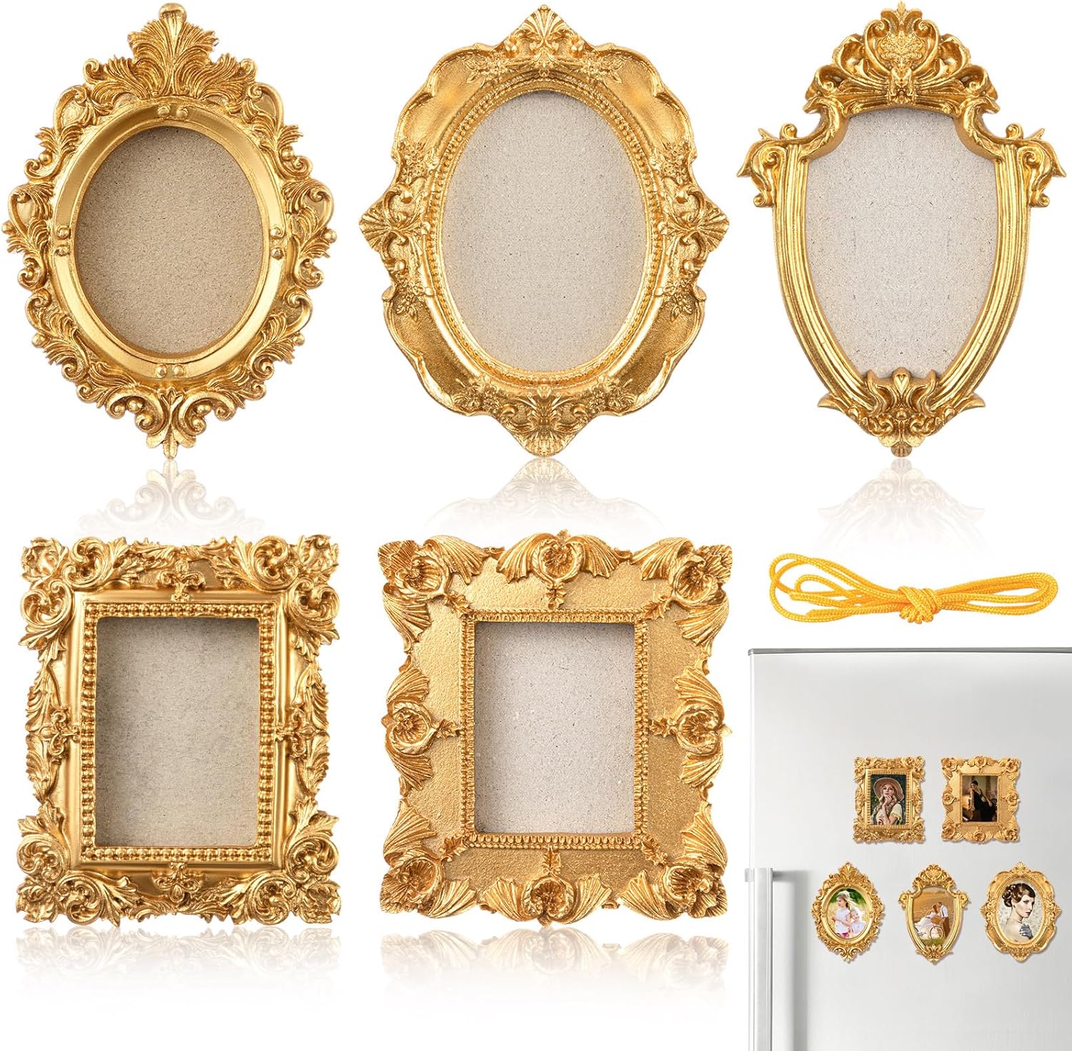Refrigerator Mini Gold Frames Magnetic Vintage Picture Display with Back Small Gold Antique Picture Frames with Hooks and Rope Refrigerator Magnets Photo Display Christmas Decor