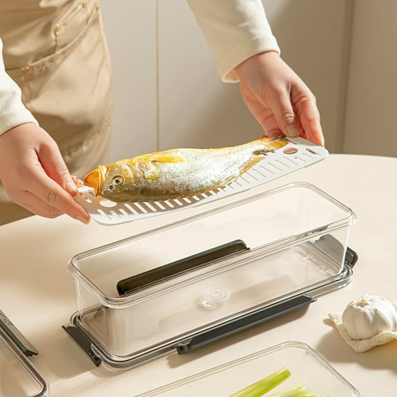Refrigerator Organizer Bin Clear Plastic | Food Grade Storage Box with Drainage Shelf | Airtight Lid | Long Strip Design | M/L Sizes | Keeps Produce Grains Dry Fresh | Multipurpose Fridge Pantry