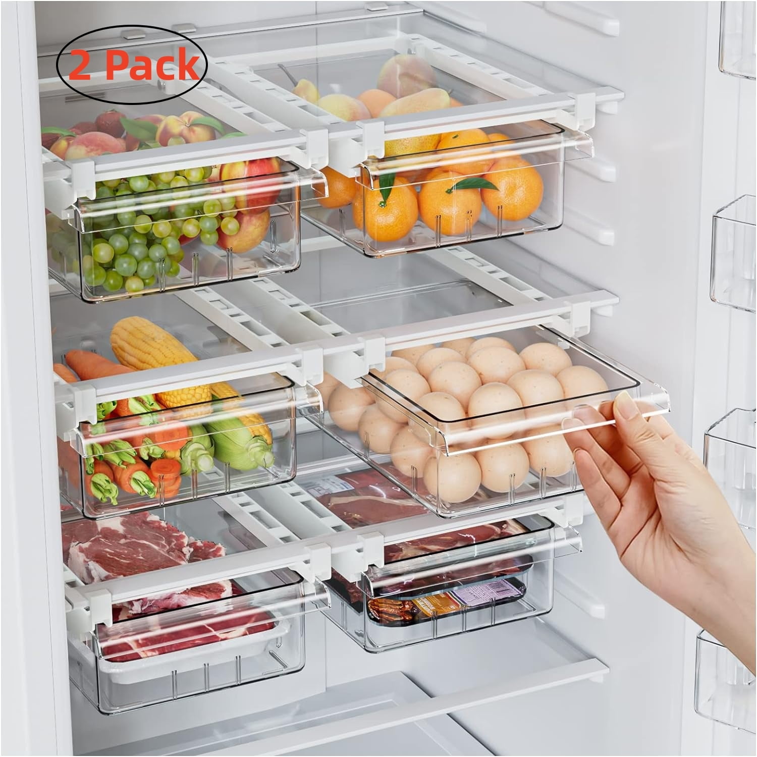 Refrigerator Organizer Bins - 2 Pack Pull-out Fridge Drawer Organizer 