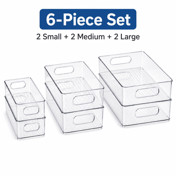 6 Pack Clear Refrigerator Organizer Bins, 3 Sizes Stackable Pantry Storage Containers with Handles for Fridge Freezer Shelves Drawer Organization
