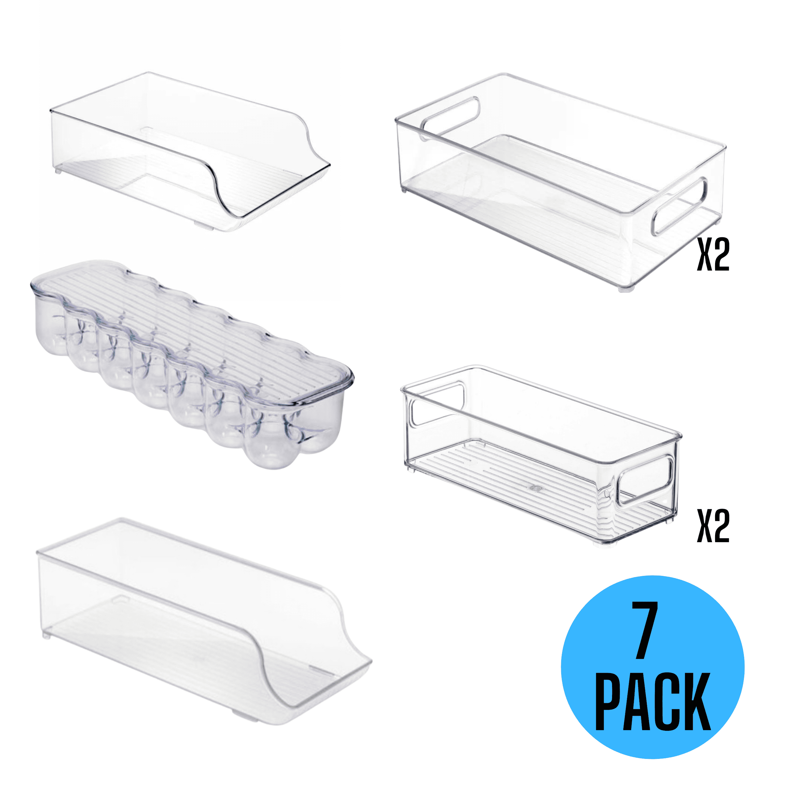 Refrigerator Organizer Bins Mixed 7 Pack ( 2 Large - 2 Long Narrow - 1 Can - 1 Egg Tray 1- Water)