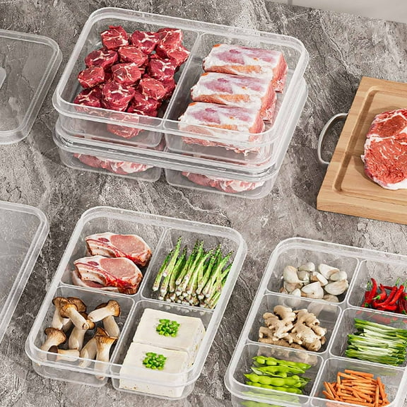 Refrigerator Plastic Food Storage Container with Dividers Compartment Organizer Box Meal Prep Container Airtight Freshness Keeping Kitchen Organization