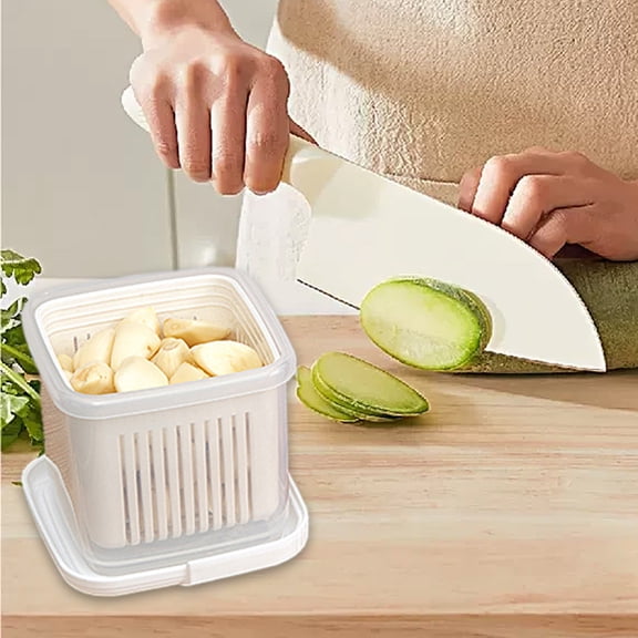 Refrigerator Storage Container, Ginger Garlic Guardian with Drainer Box, Fridge Organizer Bin for Seasoning and Produce