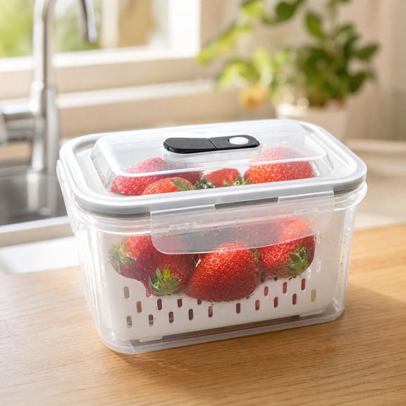 Refrigerator Storage Containers, Fruit and Vegetable Storage Container with Removable Colander, Draining Produce Storage Box with Lid, Stackable Fridge Organizer for Kitchen and Freezer