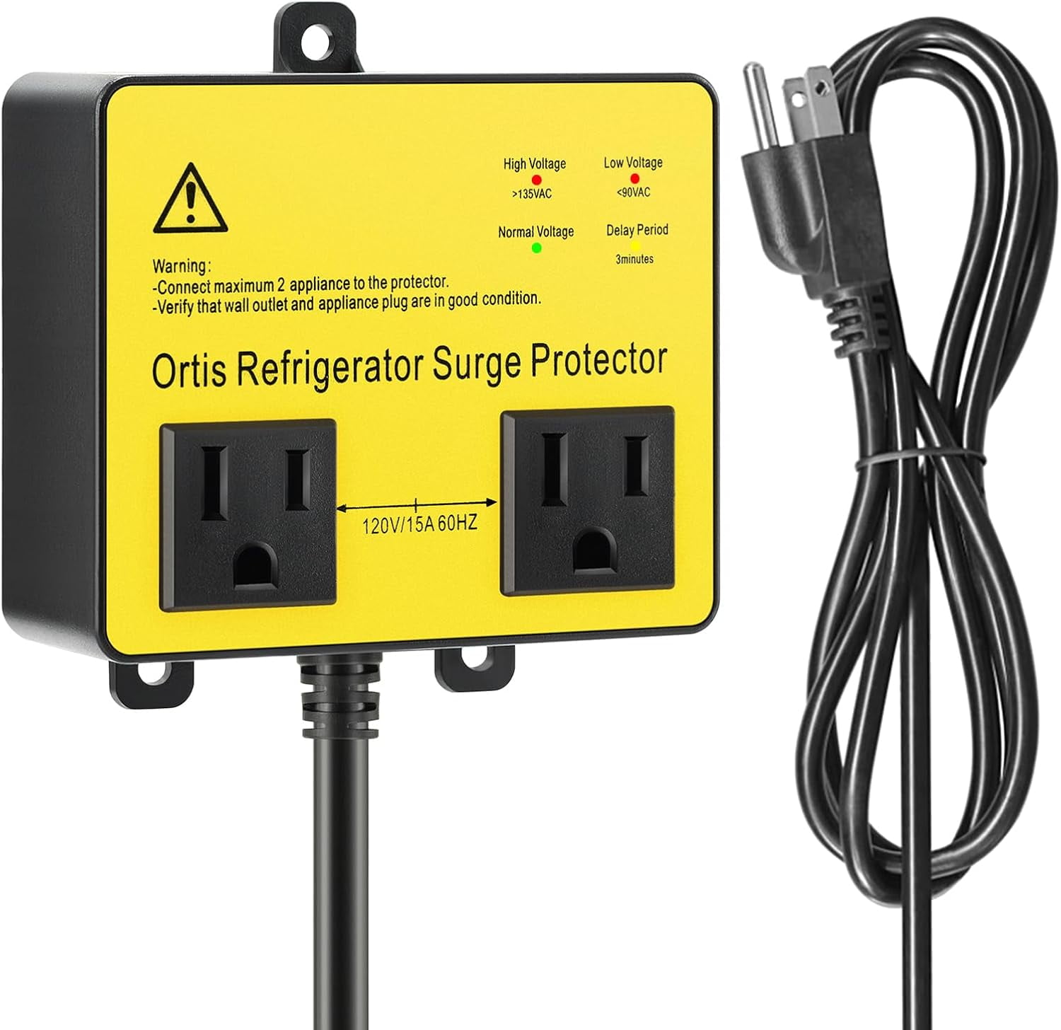 Refrigerator Surge Protector, Ortis Double Outlet RV Appliance Surge Protector with Time Delay & Real-Time Electricity Usage Monitor, Protects All Voltage Abnormalities, White