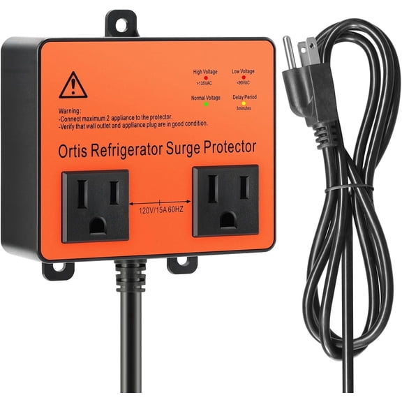 Refrigerator Surge Protector, Ortis Double Outlet Voltage Protector for Home Appliances with Time Delay, 5ft Power Cord, Protects Against Brownout, Spike, Instant Surge All Voltage Abnormalities