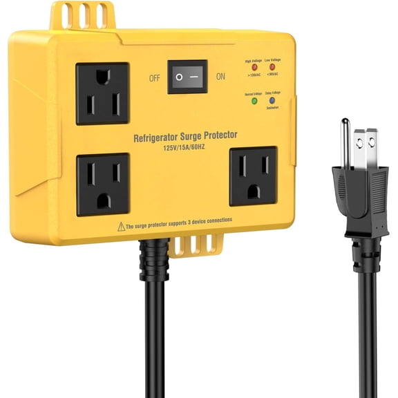 Refrigerator Surge Protector - Wall Mount 3 Outlet Protector with Time Delay & LED for Appliances, Against High & Low Brownouts Spikes & Surge,125V/15A/3FT