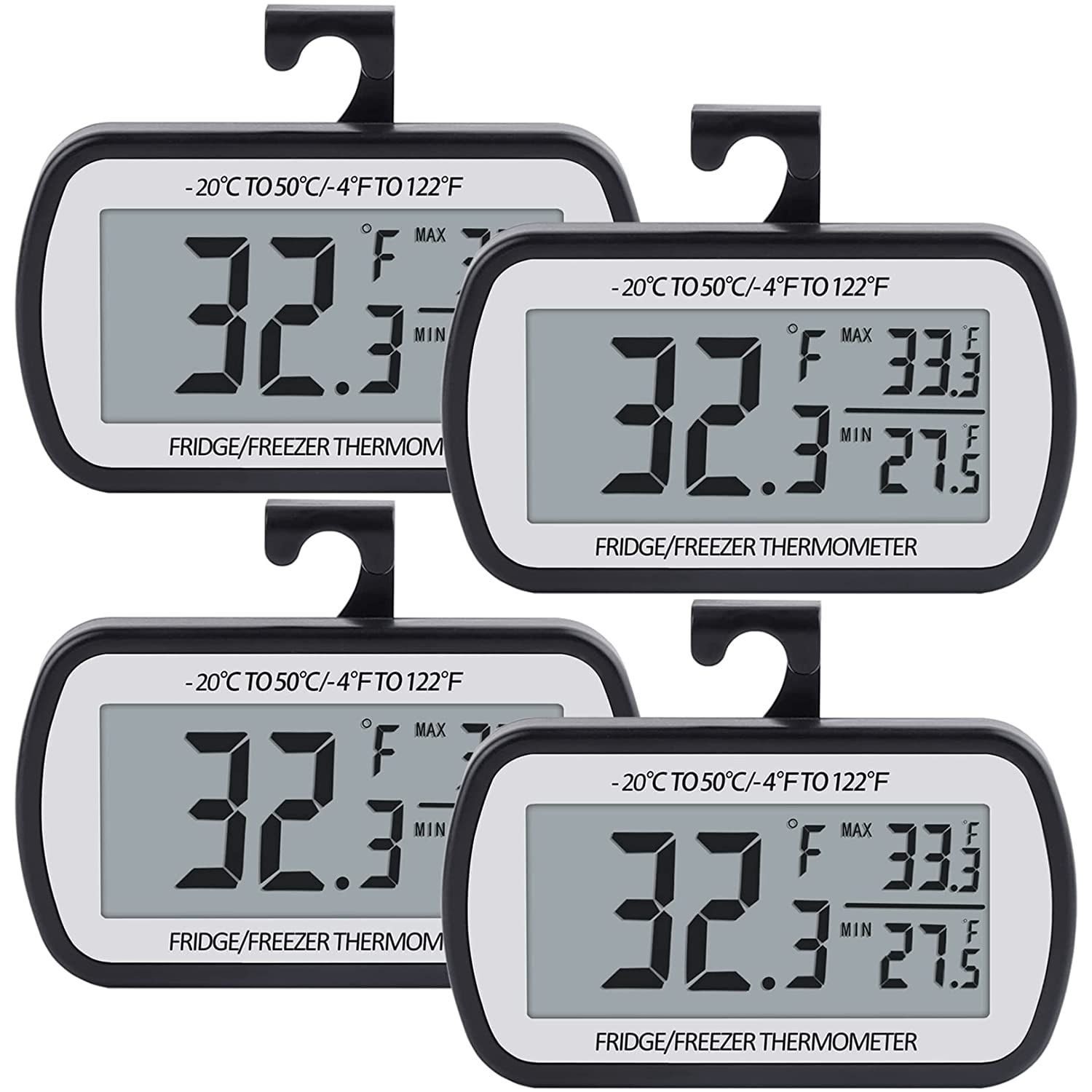 Refrigerator Thermometer Digital Fridge Freezer Thermometer with Magnetic Back Large LCD, No Frills Easy to Read (Black-4 Pack)