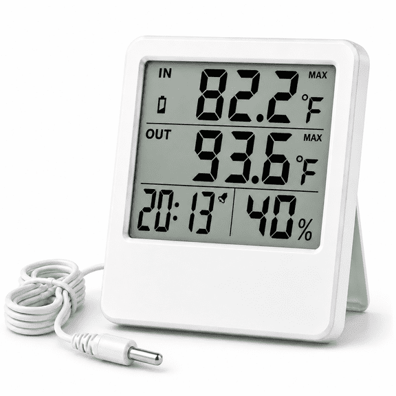 Refrigerator Thermometer, Fatomal Digital Fridge Thermometer Hygrometer with External Probe, Alarm Clock, LCD Display, Max/Min Records, Indoor Thermometer for Kitchen Freezer Aquarium Cafes
