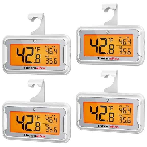 Refrigerator Thermometer with Large Backlit LCD Display, Waterproof Freezer Fridge Thermometer 2 Pack with Max/Min Record, Easy Battery Replacement, Magnetic & Stand Options for Room, Cooler