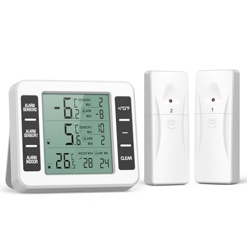 Refrigerator Thermometer,Wireless Digital Freezer Thermometer with 2 Sensors,Indoor Outdoor Thermometer,Audible Alarm,Min and Max Display,LCD Display for Home,Restaurants
