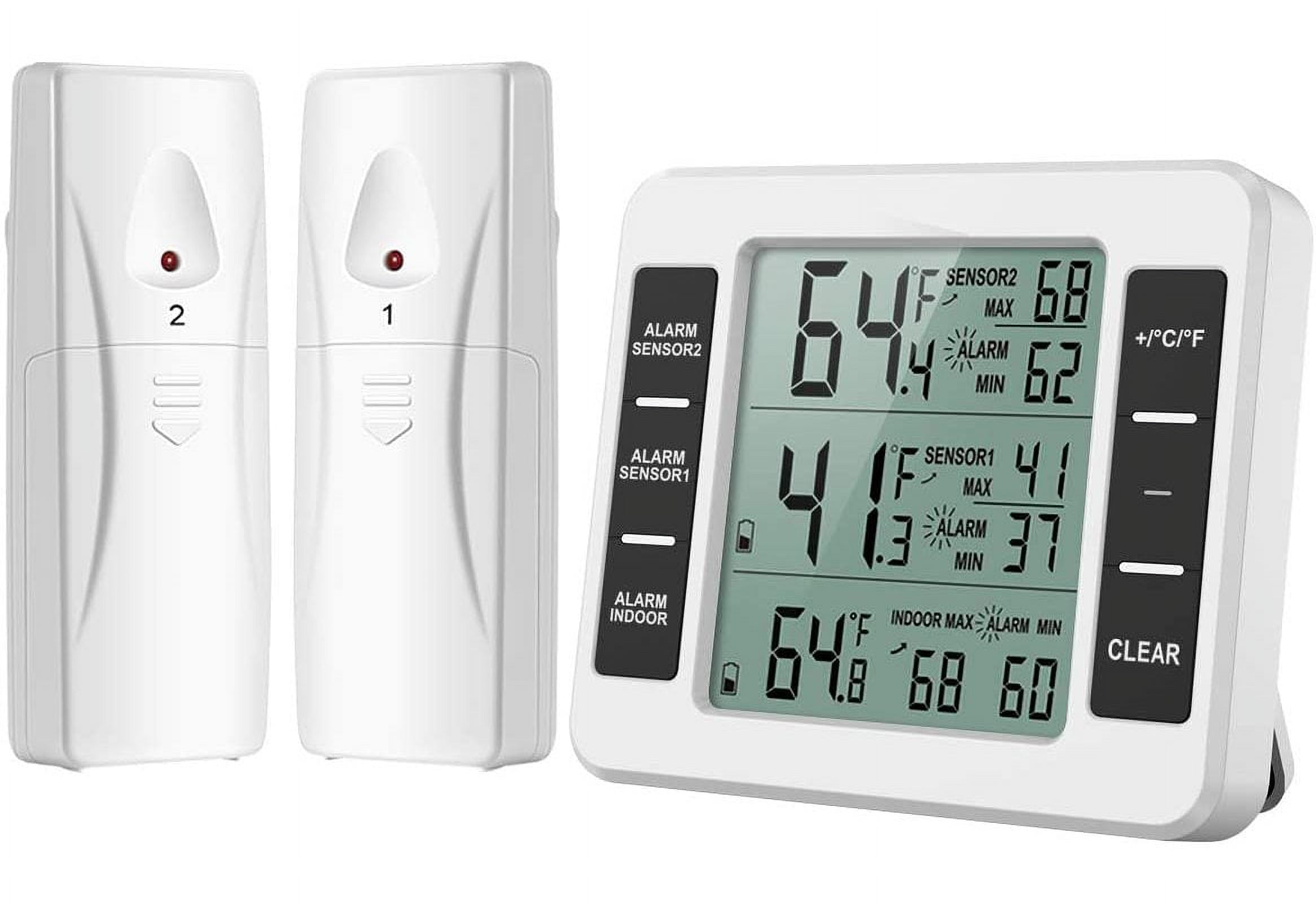 Refrigerator Thermometer, Wireless Digital Freezer Thermometer With 2 Wireless Sensors, Temperature, Audible Alarm, Min And Max Display, Lcd Display For Home, Restaurants (Battery Not Included)