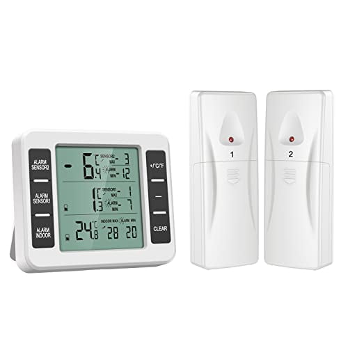 Refrigerator Thermometer,Wireless Indoor Outdoor Freezer Thermometer,Sensor Temperature Monitor with Audible Alarm Temperature Gauge for Kitchen,Freezer,Home (Battery not Included)