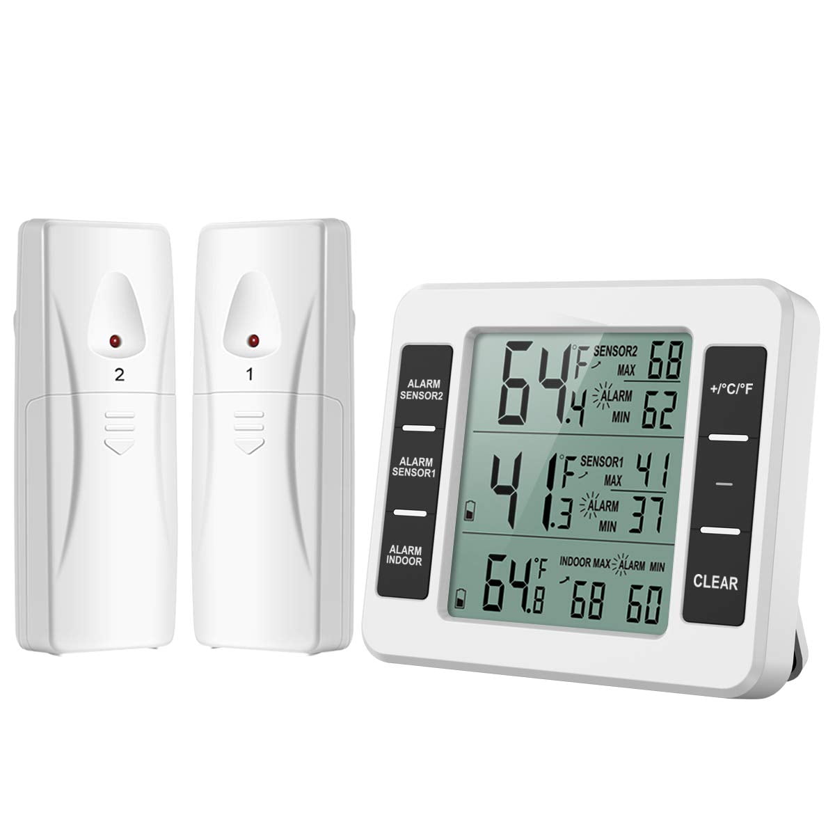 Refrigerator thermometer, one to two, household wireless indoor and outdoor thermometer with 2 sensors, alarm display, wireless indoor and outdoor thermometer,white