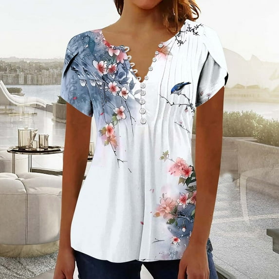 Refund On Summer Tops for Women 2025 Dressy Casual V Neck Short Sleeve Shirts Trendy Button Down T Shirt Tunic Cute Blouses Pullover Floral Print Going Out Tops Past At