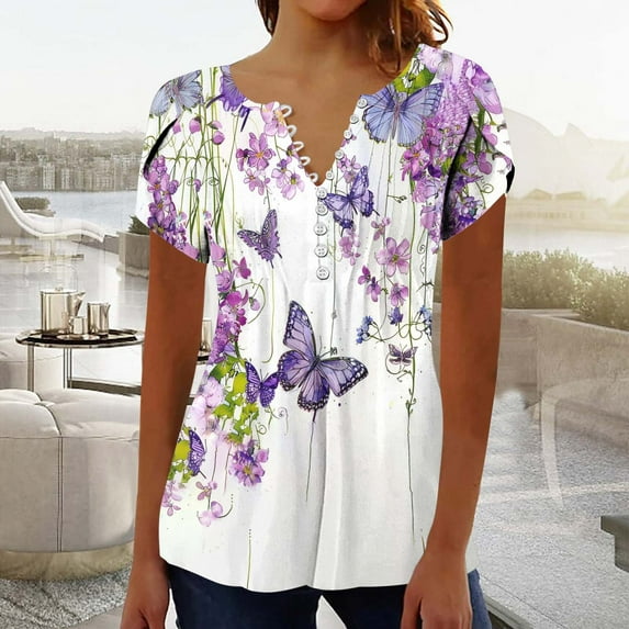 Refund On Summer Tops for Women 2025 Dressy Casual V Neck Short Sleeve Shirts Trendy Button Down T Shirt Tunic Cute Blouses Pullover Floral Print Going Out Tops Past At