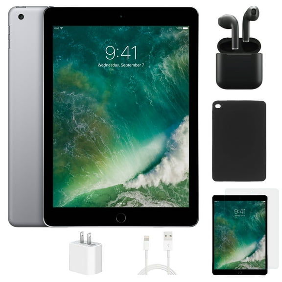 Restored Apple iPad 5 (WiFi) 32GB Space Gray Bundle with Case, Wireless Earbuds, Tempered Glass screen protector (Refurbished)