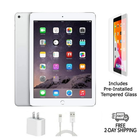 Pre-Owned Apple iPad Air 2 A1567 (WiFi + Cellular Unlocked) 64GB Silver with Pre-Installed Tempered Glass