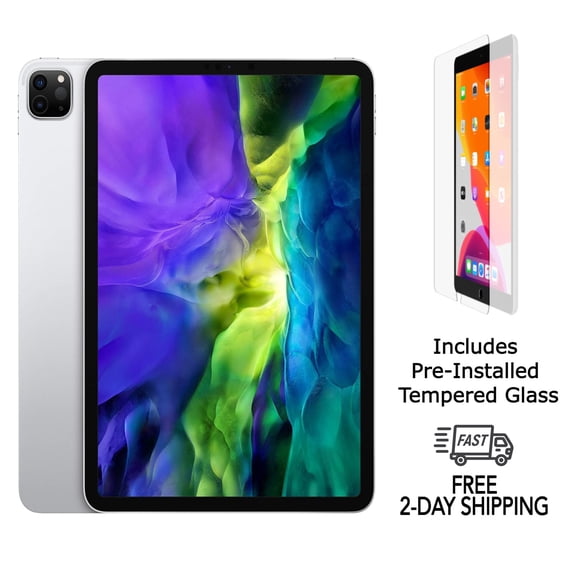 Refurbished Apple iPad Pro 11" (2020) A2068 (WiFi + Cellular Unlocked) 128GB Silver (Grade A) w/ Pre-Installed Tempered Glass