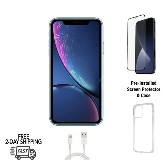 Restored Apple iPhone XR Unlocked 256GB Blue (A1984) Bundle, Clear Case, Tempered Glass Screen Protector (Refurbished)