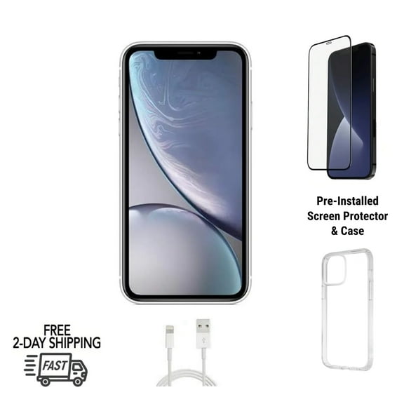 Restored Apple iPhone XR Unlocked 64GB White (A1984) Bundle, Clear Case, Tempered Glass Screen Protector (Refurbished)