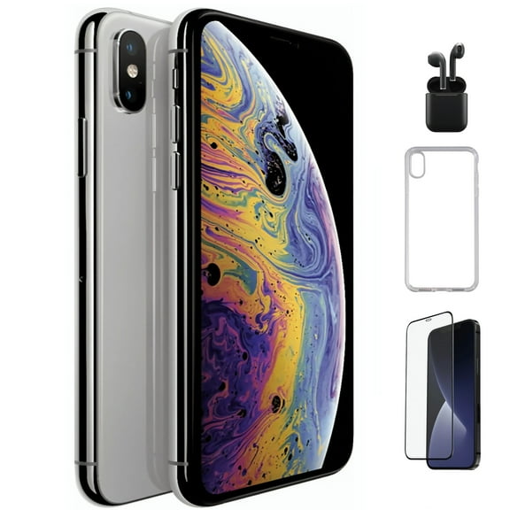 Restored Apple iPhone XS Max Unlocked 512GB Silver (A1921) Bundle, Wireless Earbud, Case, Screen Protector (Refurbished)