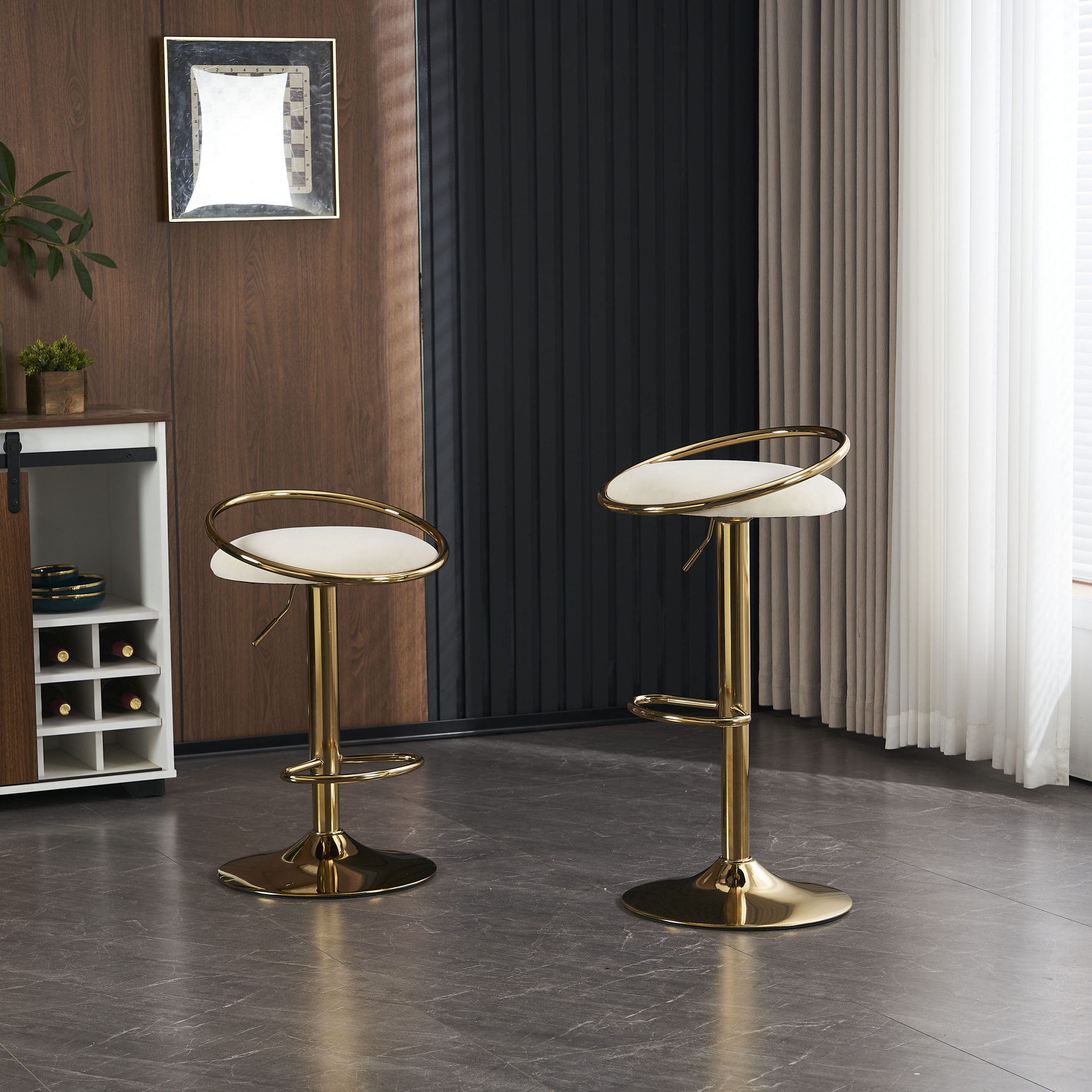 Refurbished Bar Stools Set of 2, Modern Height Adjustable Velvet Counter Chairs with Metal Low