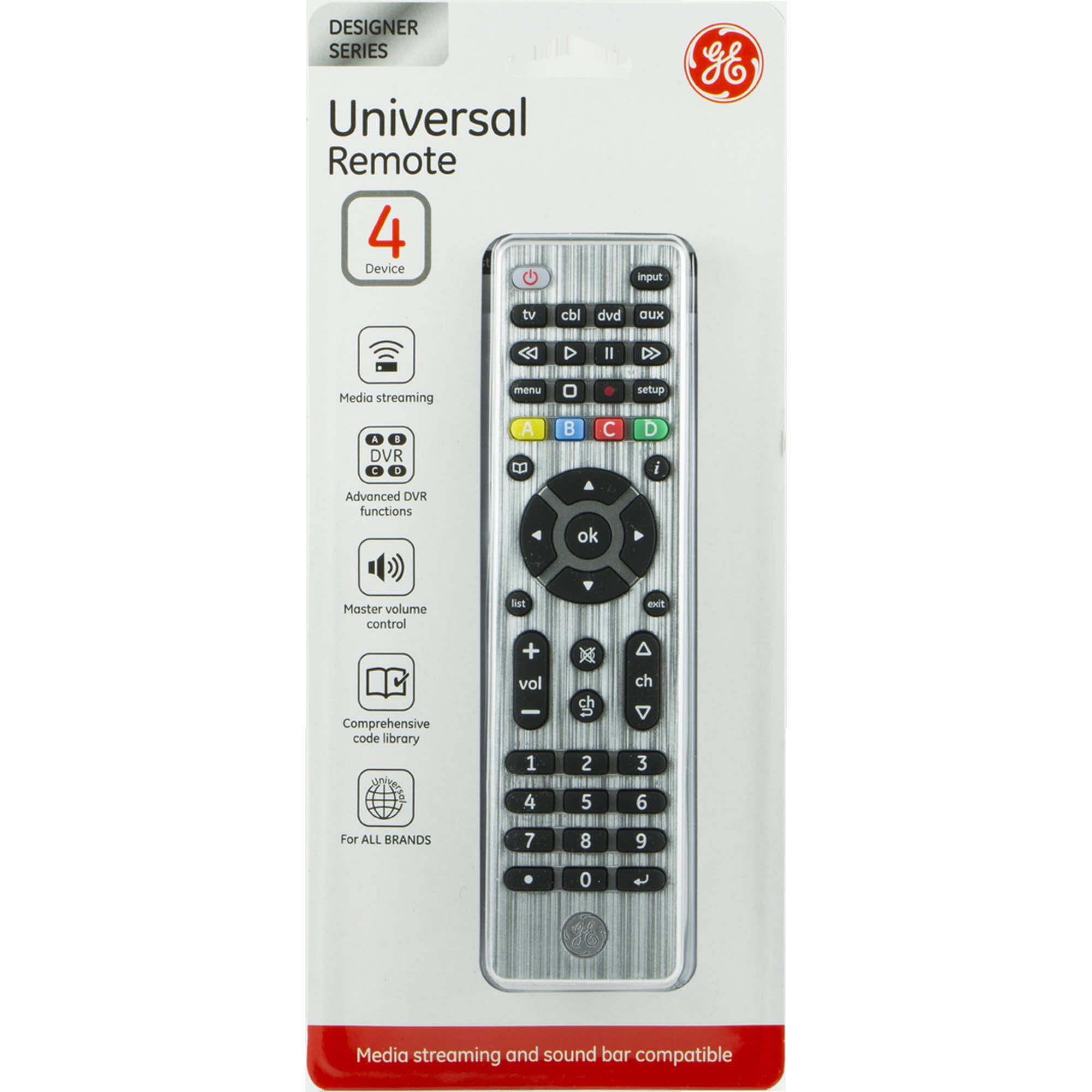Refurbished GE 33709 Universal Remote, 4 Devices, Brushed Silver