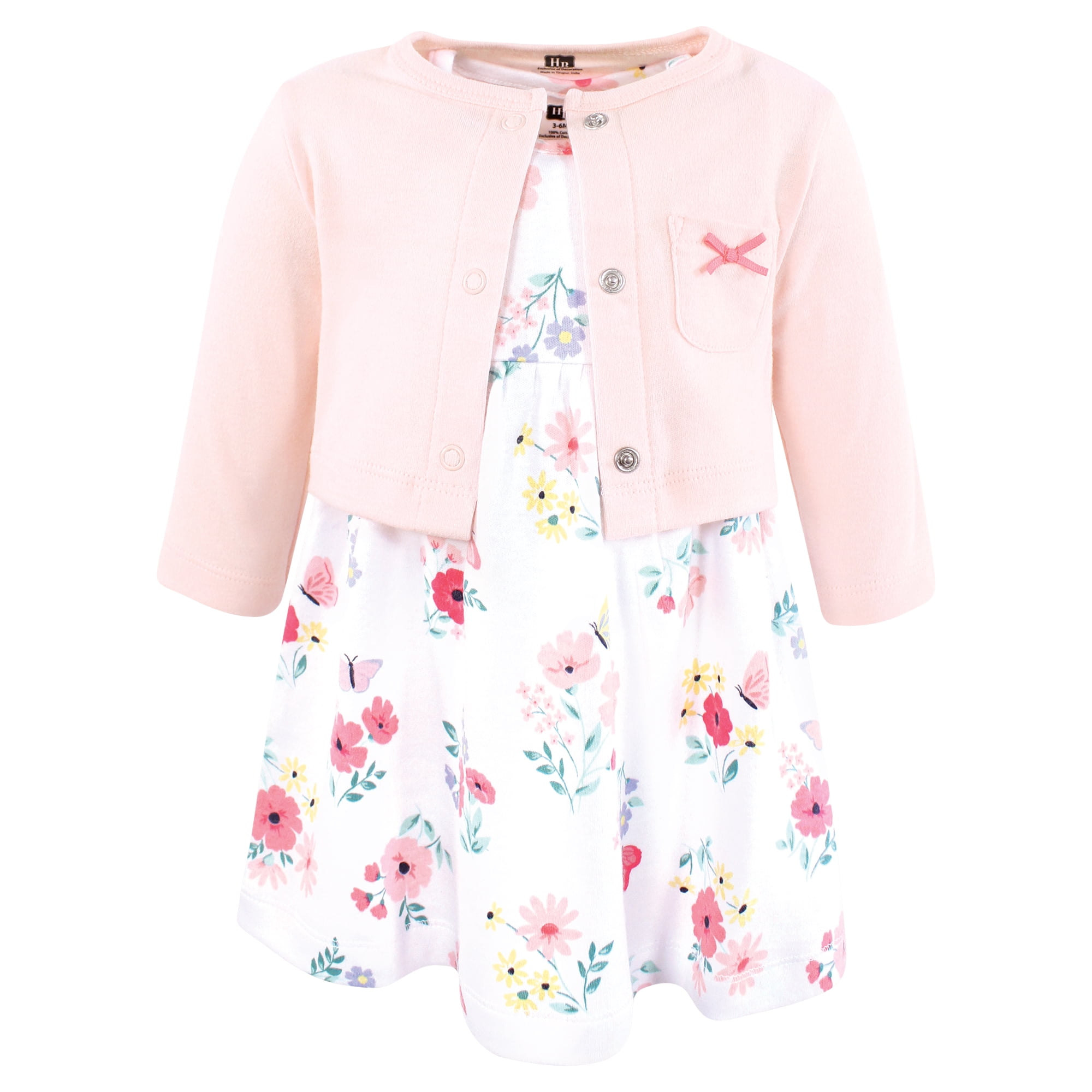 Hudson Baby Infant and Toddler Girls Cotton Dress and Cardigan Set, Butterfly Floral, 9-12 Months