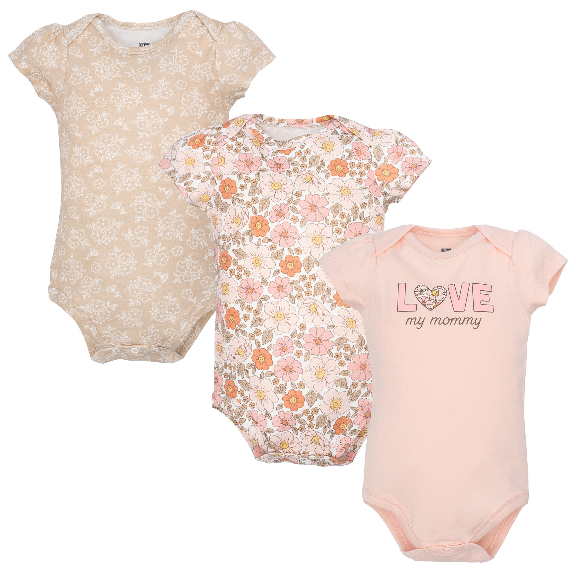 Hudson Baby Girl Cotton Bodysuits 3-Pack, Love Mommy Floral, 3-6 Months